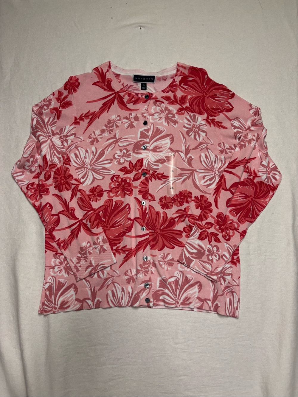 Karen Scott Pink and Red Floral Button-Front Cardigan